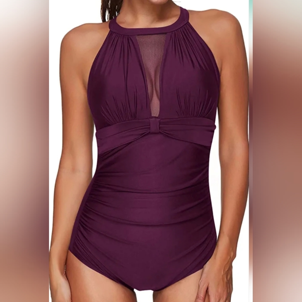 20W Women's Burgundy One Piece Cut Out Back Swimsuit New With Tags